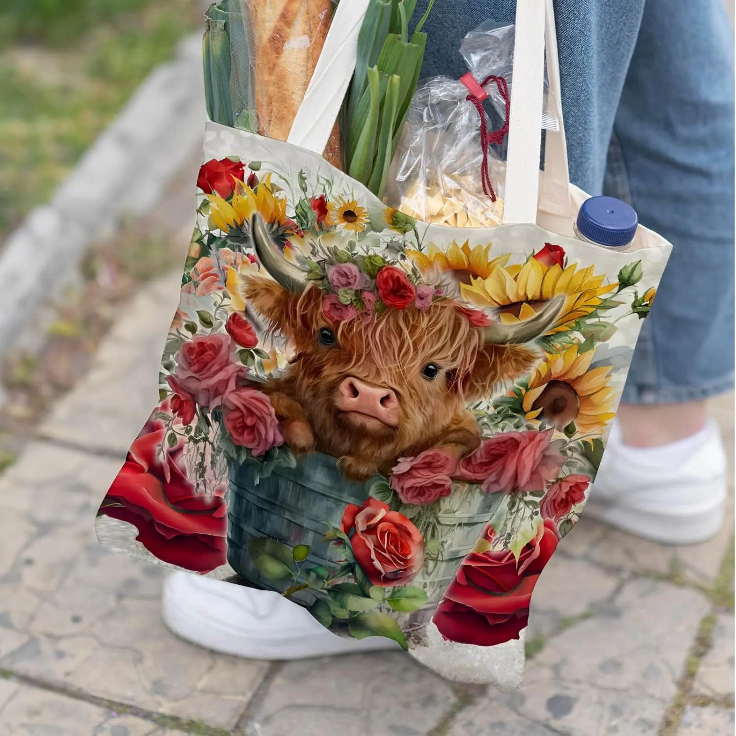 Western Highland Cow Canvas Shoulder Bag for Women & Girls, Highland Cow Lover Gift