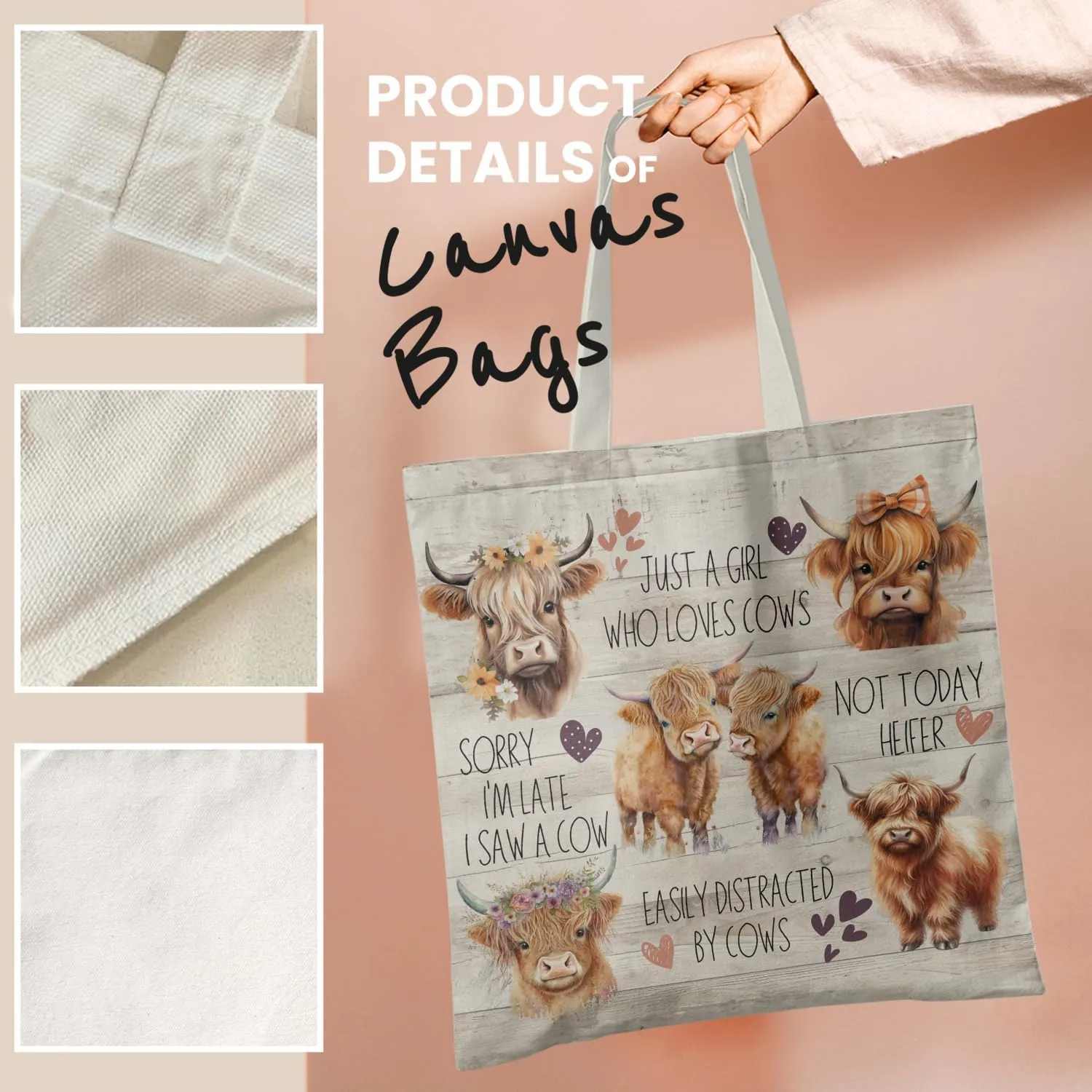 Western Highland Cow Canvas Tote Bag - Highland Cow Lover Gifts,Canvas Shoulder Bag for Women for Girls