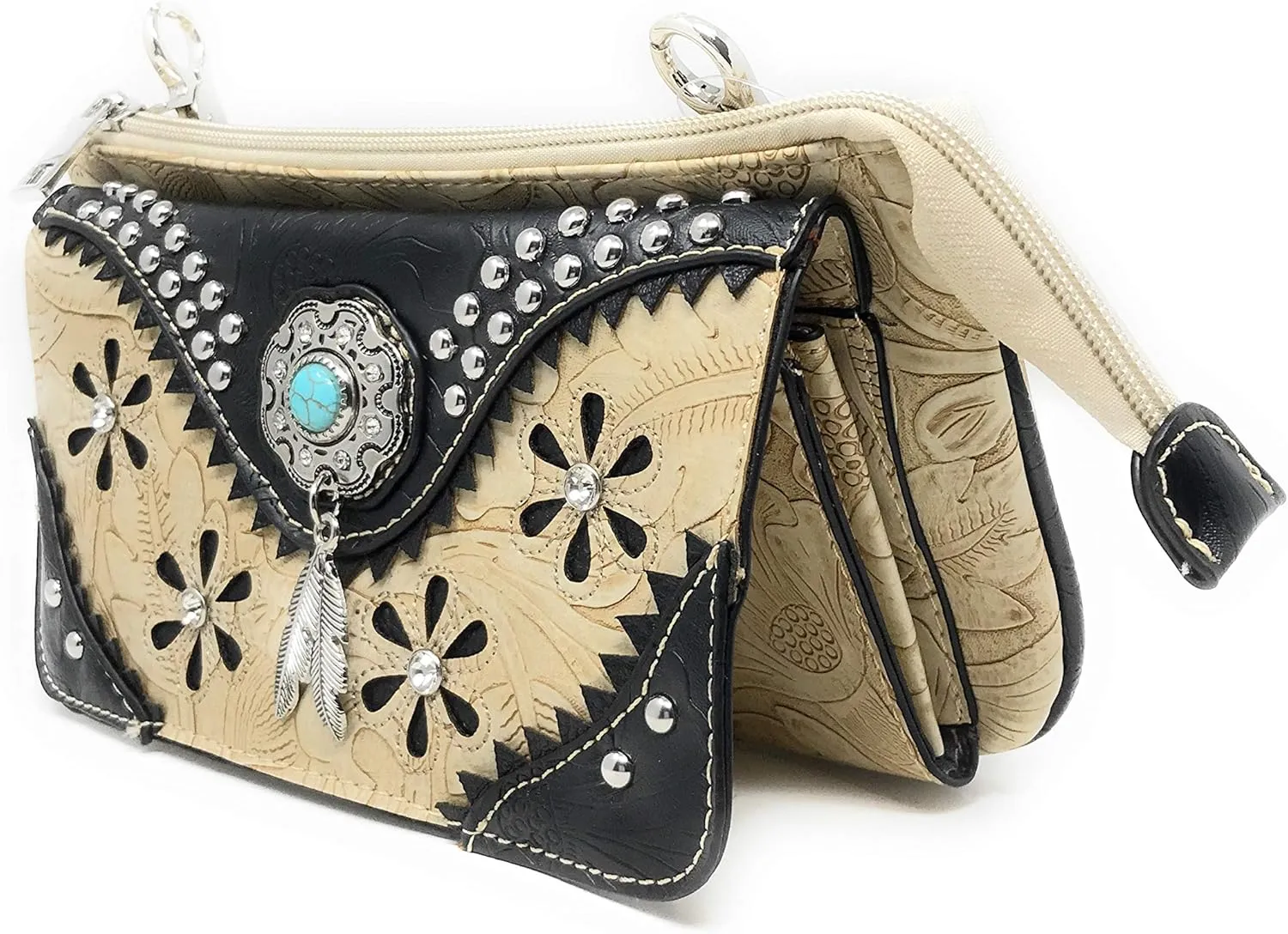 Western Rhinestone Embroidery Laser Cut Feather Floral Wallet Crossbody 4 in 1 Clutch Bag Purse (Beige/Black)