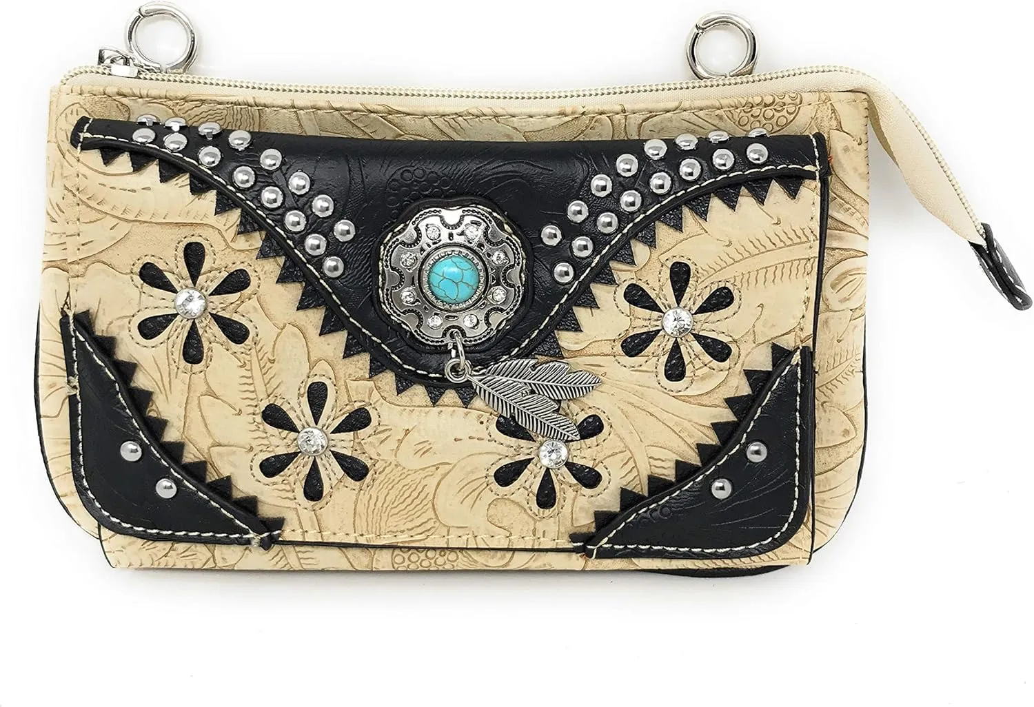 Western Rhinestone Embroidery Laser Cut Feather Floral Wallet Crossbody 4 in 1 Clutch Bag Purse (Beige/Black)
