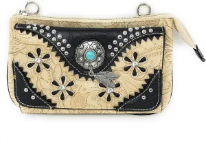 Western Rhinestone Embroidery Laser Cut Feather Floral Wallet Crossbody 4 in 1 Clutch Bag Purse (Beige/Black)