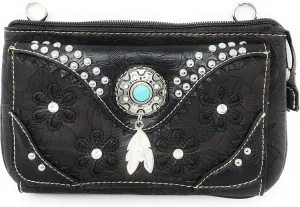 Western Rhinestone Embroidery Laser Cut Feather Floral Wallet Crossbody 4 in 1 Clutch Bag Purse (Black/Black)