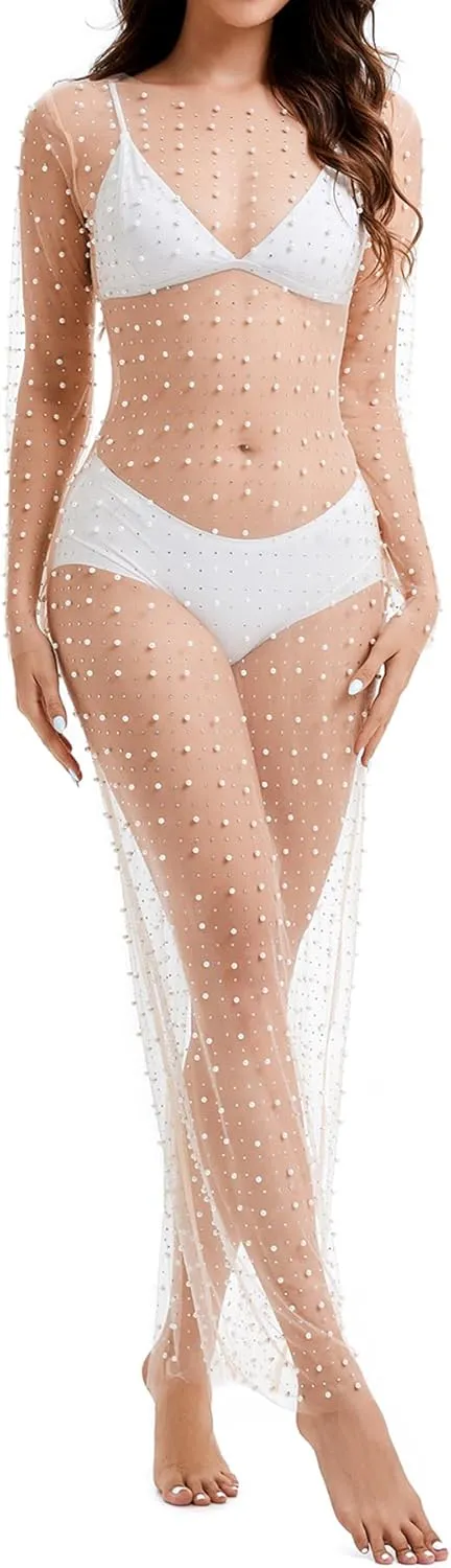 Willow Dance Women's Sheer Mesh Pearl Rhinestone Cover Up Beach Dress Swimwear Bikini Swimsuit Bathing Suit Coverups