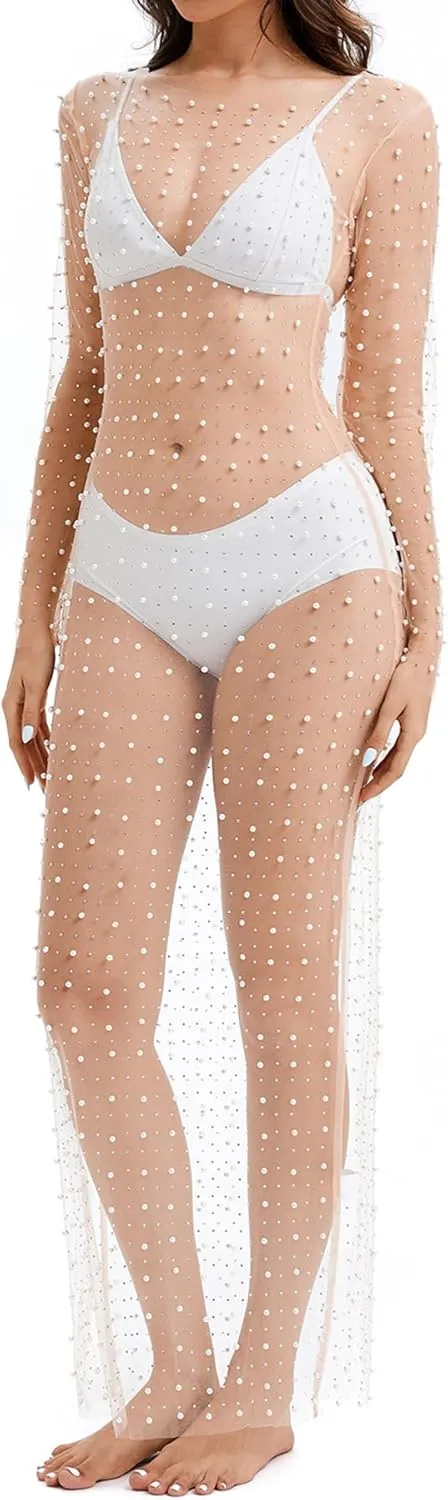 Willow Dance Women's Sheer Mesh Pearl Rhinestone Cover Up Beach Dress Swimwear Bikini Swimsuit Bathing Suit Coverups
