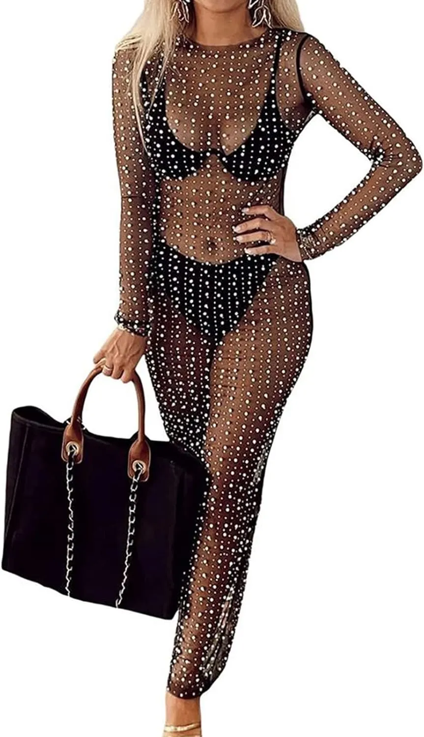 Willow Dance Women's Sheer Mesh Pearl Rhinestone Cover Up Beach Dress Swimwear Bikini Swimsuit Bathing Suit Coverups
