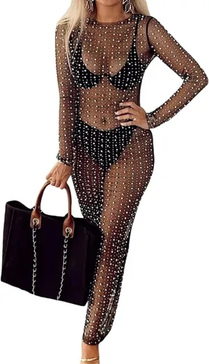 Willow Dance Women's Sheer Mesh Pearl Rhinestone Cover Up Beach Dress Swimwear Bikini Swimsuit Bathing Suit Coverups