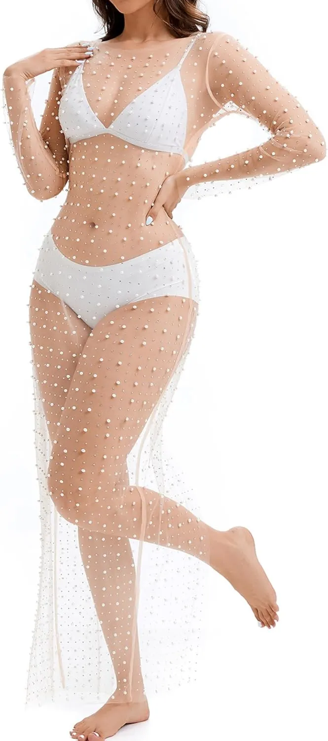 Willow Dance Women's Sheer Mesh Pearl Rhinestone Cover Up Beach Dress Swimwear Bikini Swimsuit Bathing Suit Coverups