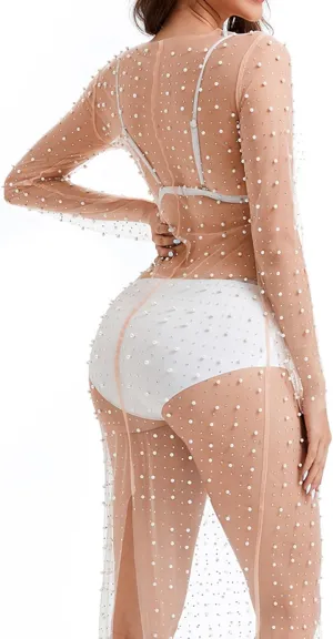 Willow Dance Women's Sheer Mesh Pearl Rhinestone Cover Up Beach Dress Swimwear Bikini Swimsuit Bathing Suit Coverups