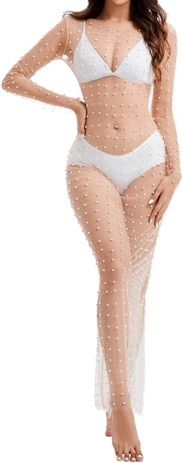 Willow Dance Women's Sheer Mesh Pearl Rhinestone Cover Up Beach Dress Swimwear Bikini Swimsuit Bathing Suit Coverups