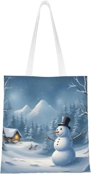 Winter Snowman Print Canvas Tote Bag Reusable Shoulder Shopping Bags For Daily Use Shopping Travel