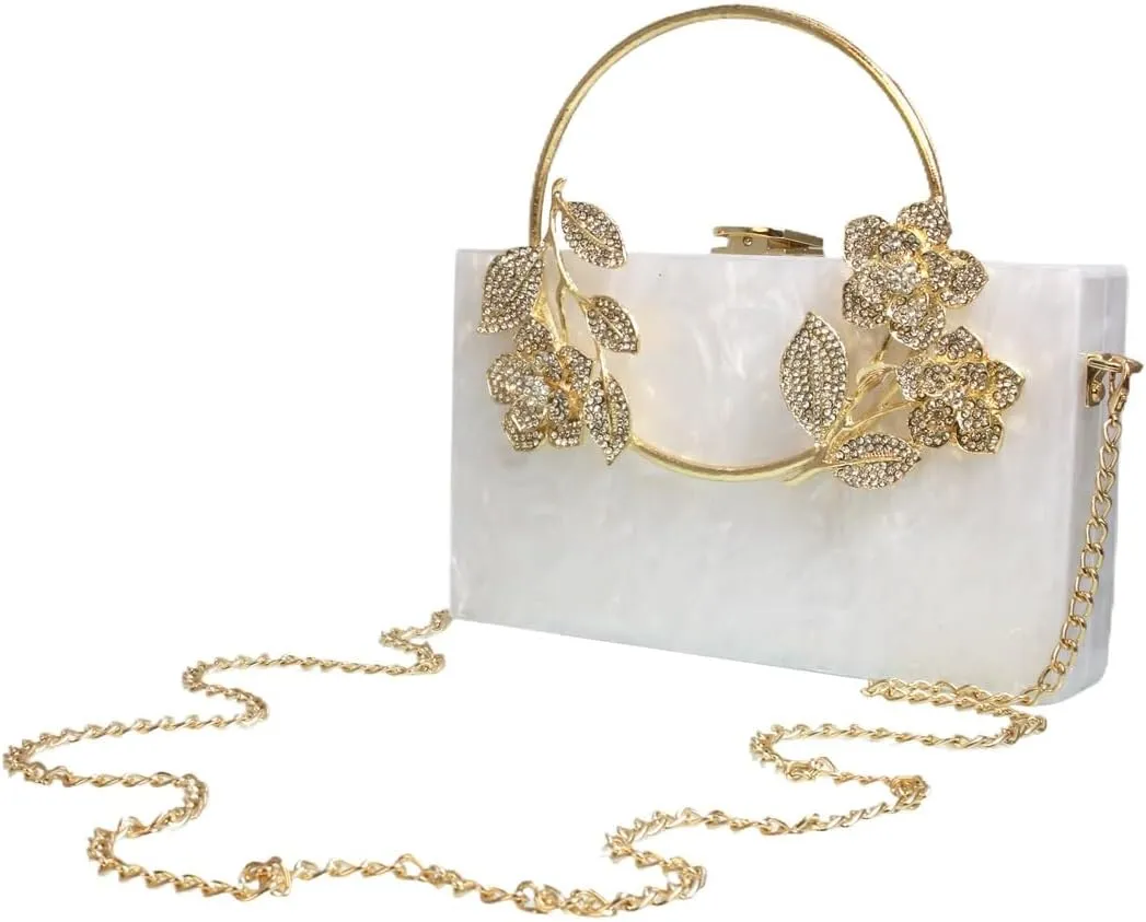 Women Acrylic Evening Clutch Marble Pattern Carved Circle Handle Handbag Square Box Bag for Evening Cocktail Prom