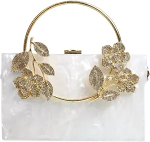 Women Acrylic Evening Clutch Marble Pattern Carved Circle Handle Handbag Square Box Bag for Evening Cocktail Prom
