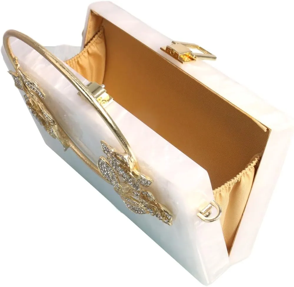 Women Acrylic Evening Clutch Marble Pattern Carved Circle Handle Handbag Square Box Bag for Evening Cocktail Prom