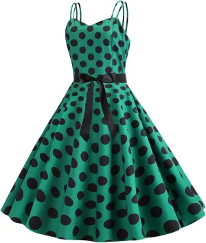 Women Casual Backless Sleeve Dresses Sexy Double Strap Vintage Polka Dot Printed A-Line Dress Beach Daily Wear