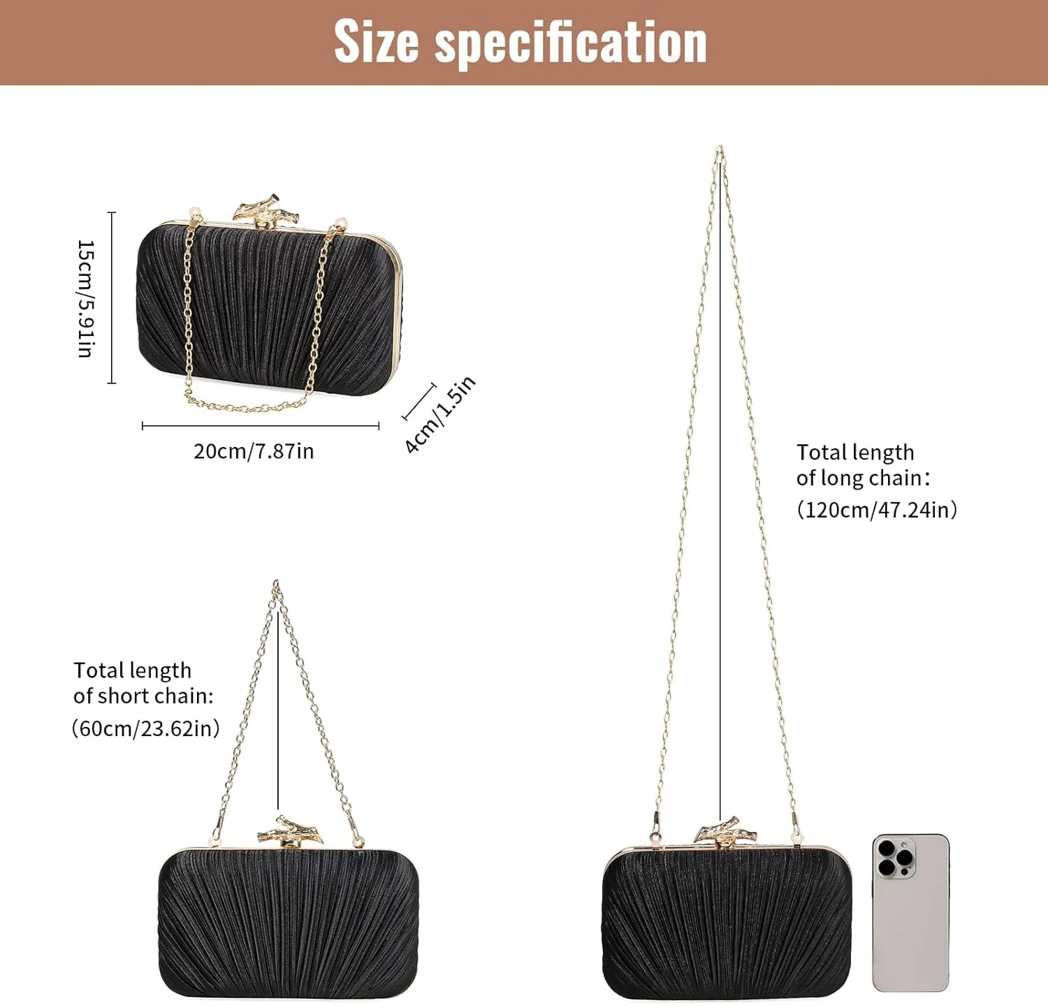 Women Clutch Purses Satin Pleated Evening Bag for Wedding, Party, Bridal, Cocktail and Formal Events with 2 Chain Strap