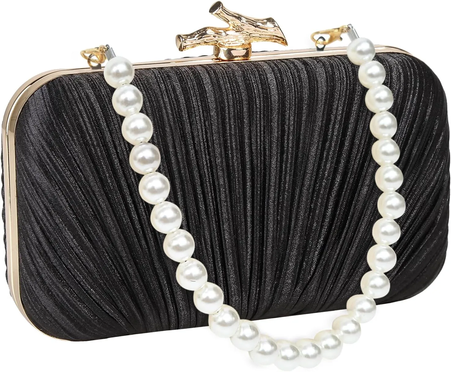 Women Evening Bag Clutch Purse, Pleated Satin Seashell Evening Clutch for Wedding Party Cocktail Prom Dinner with Pearl Chain