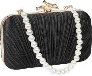 Women Evening Bag Clutch Purse, Pleated Satin Seashell Evening Clutch for Wedding Party Cocktail Prom Dinner with Pearl Chain