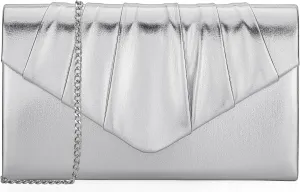 Women Evening Bag Metallic PU Clutch Handbag Pleated Flap Envelope Handbag for Formal Prom Cocktail Party