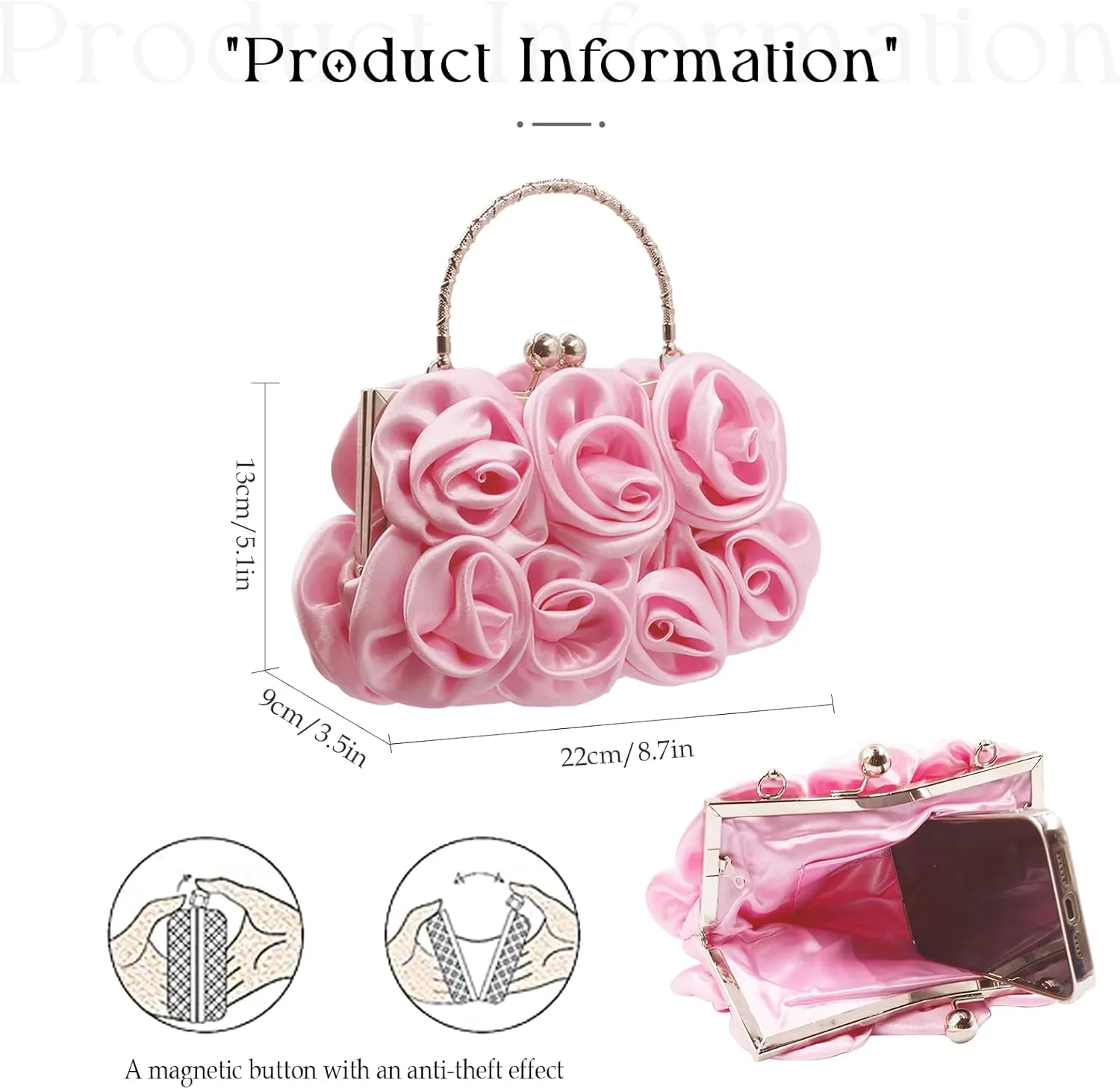 Women Evening Clutch Bag Floral Satin Small Purses with Detachable Strap for Wedding, Party, Prom