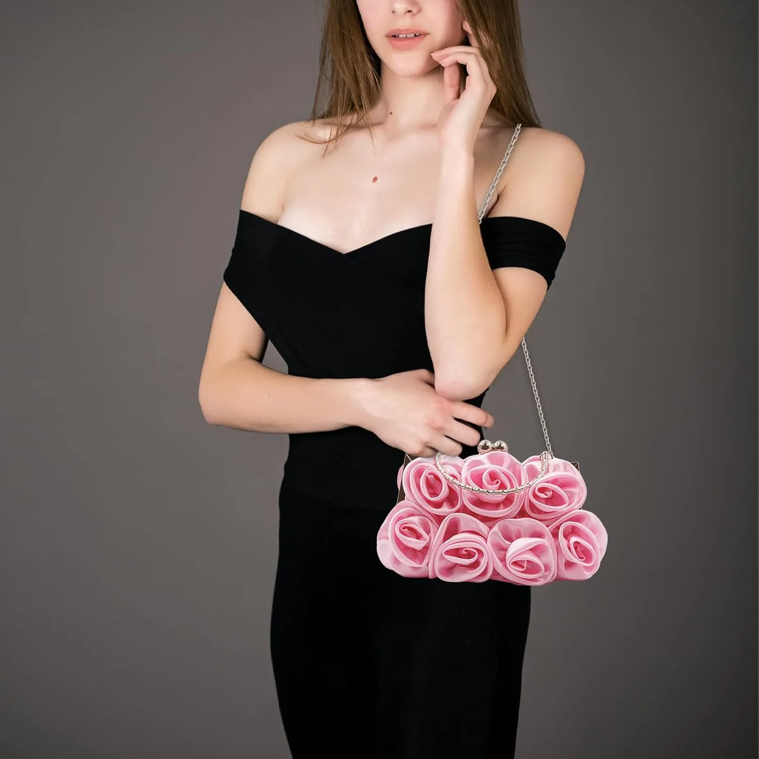 Women Evening Clutch Bag Floral Satin Small Purses with Detachable Strap for Wedding, Party, Prom