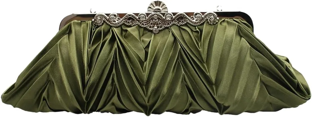 Women Pleated Satin Clutch Bride Purse Elegant Rhinestone Evening Bag Banquet Party Handbag