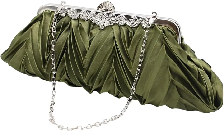 Women Pleated Satin Clutch Bride Purse Elegant Rhinestone Evening Bag Banquet Party Handbag