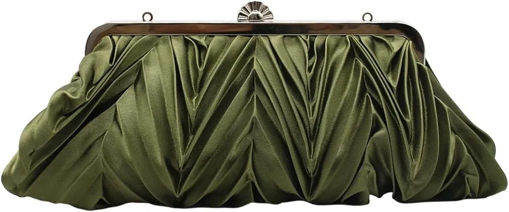 Women Pleated Satin Clutch Bride Purse Elegant Rhinestone Evening Bag Banquet Party Handbag