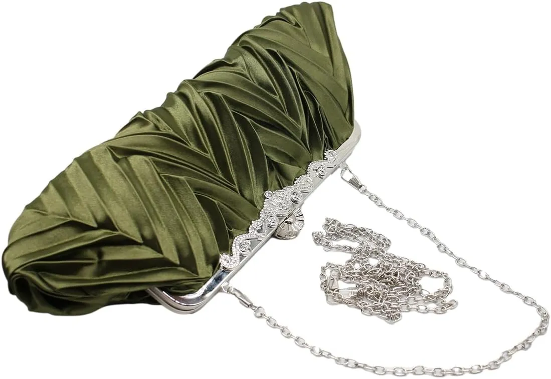 Women Pleated Satin Clutch Bride Purse Elegant Rhinestone Evening Bag Banquet Party Handbag
