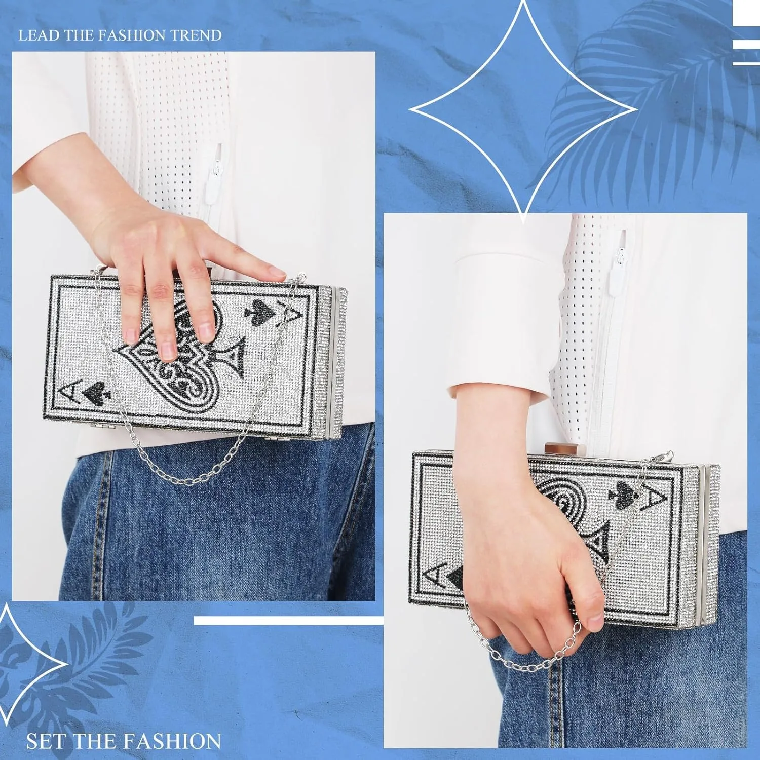 Women Poker Card Evening Clutch Rhinestone Purse Casino Vegas Novelty Purse Queen Hearts Bags Playing Cards Gift(Black,Ace of Spades)