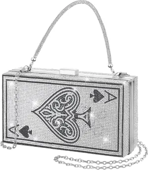 Women Poker Card Evening Clutch Rhinestone Purse Casino Vegas Novelty Purse Queen Hearts Bags Playing Cards Gift(Black,Ace of Spades)