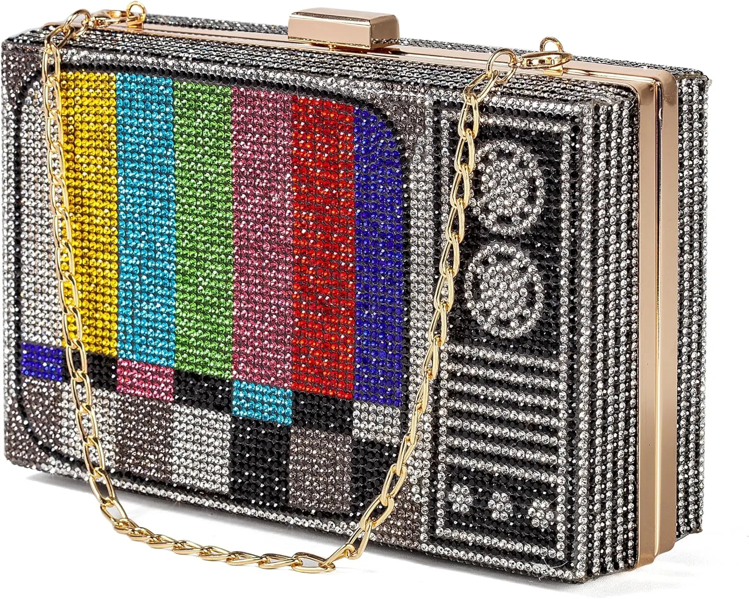 Women Retro Radio Shape Crossbody Bag Rhinestone Metal Vintage Evening Clutch Purses