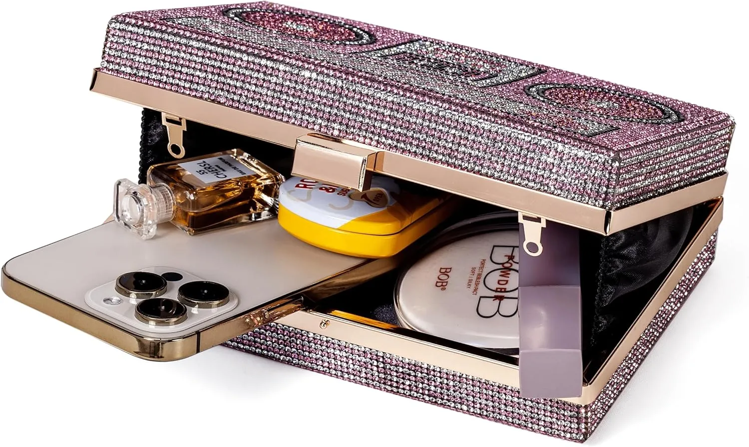 Women Retro Radio Shape Crossbody Bag Rhinestone Metal Vintage Evening Clutch Purses