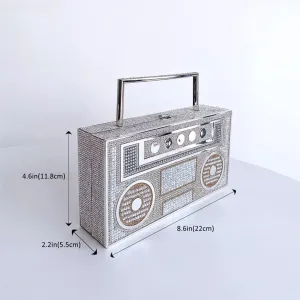 Women Retro Radio Shape Crossbody Bag Rhinestone Metal Vintage Evening Clutch Purses