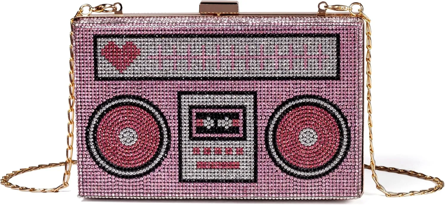 Women Retro Radio Shape Crossbody Bag Rhinestone Metal Vintage Evening Clutch Purses