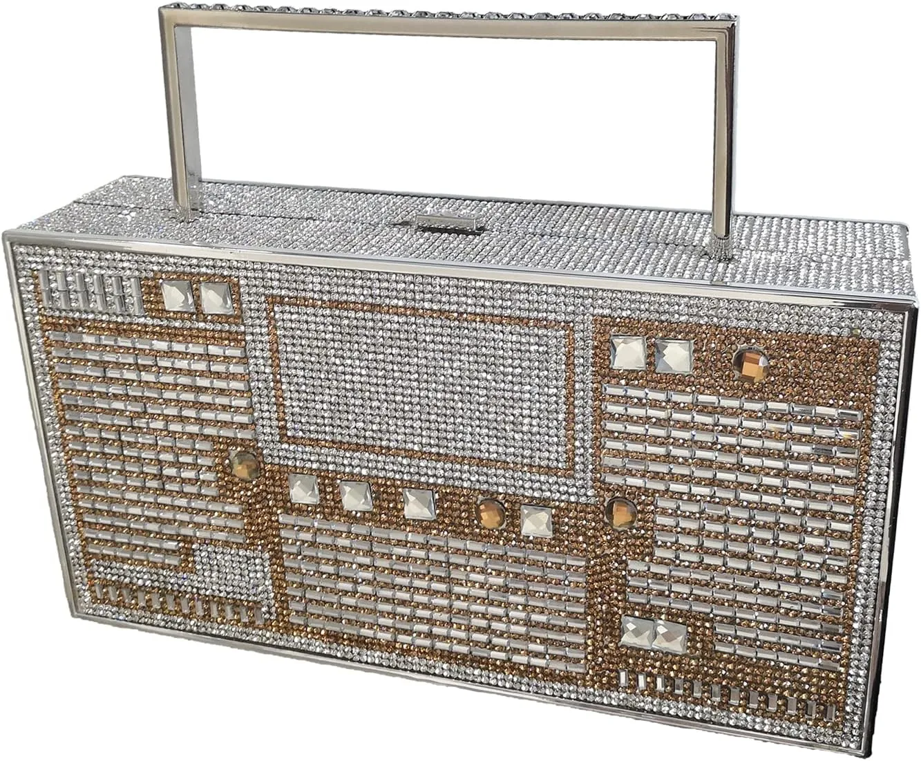 Women Retro Radio Shape Crossbody Bag Rhinestone Metal Vintage Evening Clutch Purses