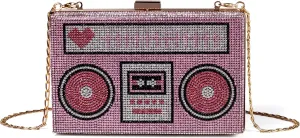 Women Retro Radio Shape Crossbody Bag Rhinestone Metal Vintage Evening Clutch Purses