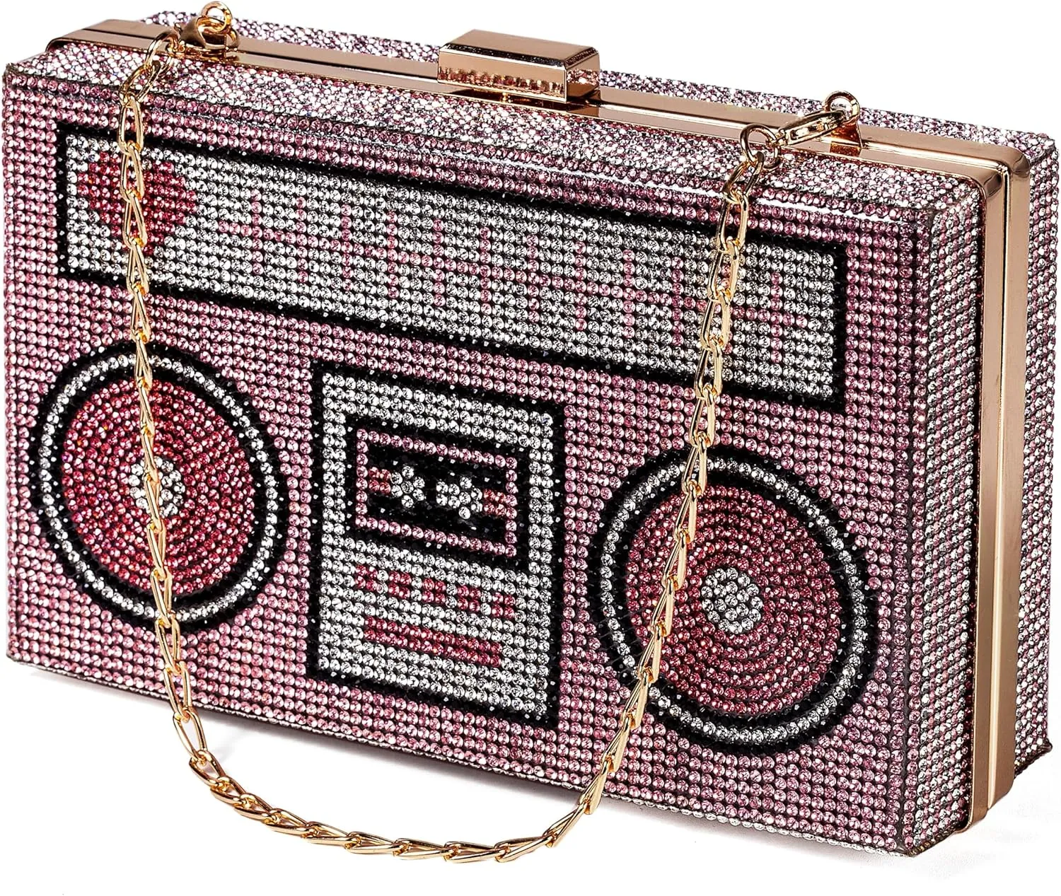 Women Retro Radio Shape Crossbody Bag Rhinestone Metal Vintage Evening Clutch Purses