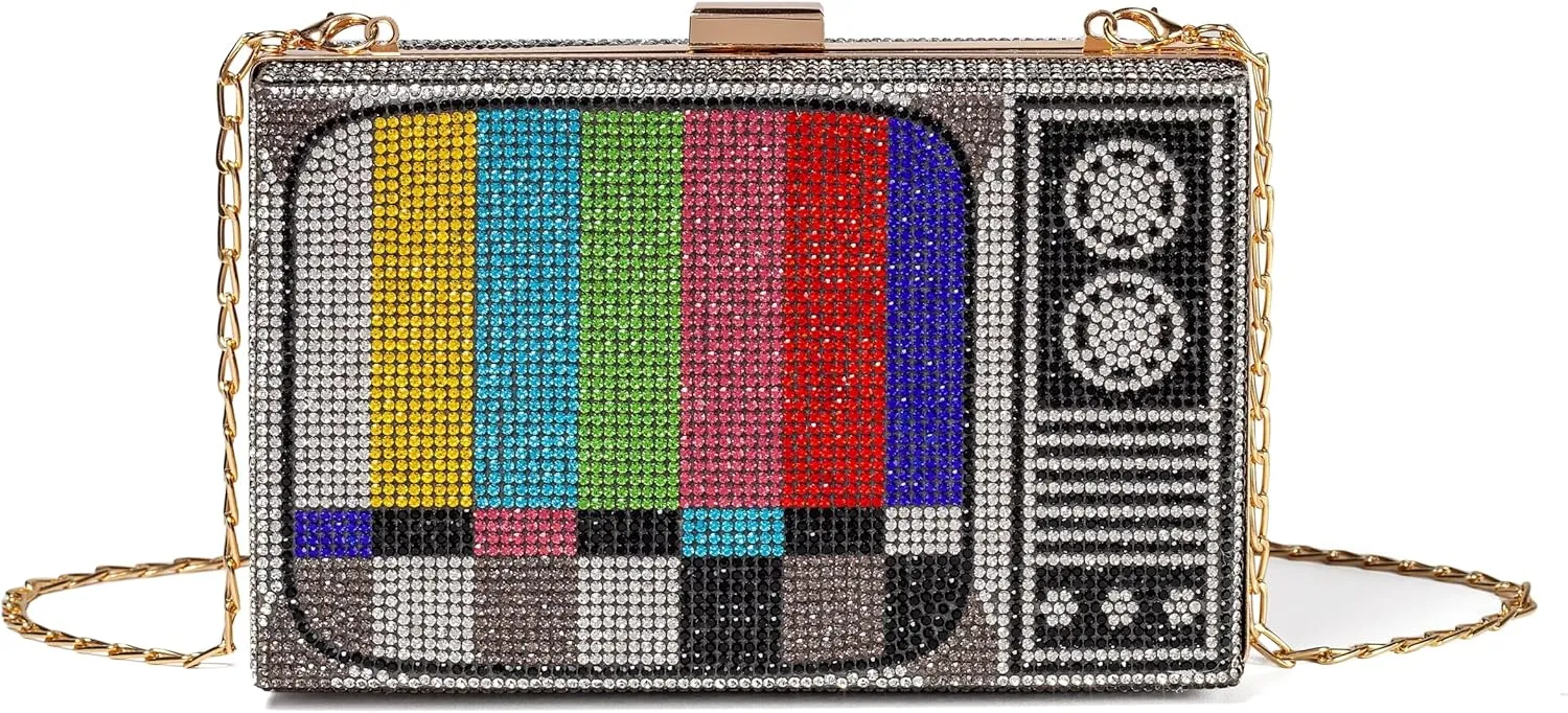 Women Retro Radio Shape Crossbody Bag Rhinestone Metal Vintage Evening Clutch Purses