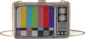 Women Retro Radio Shape Crossbody Bag Rhinestone Metal Vintage Evening Clutch Purses