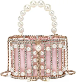 Women Rhinestone Cage Bag Sparkling Hollow Pearl Evening Clutch Glitter Double-layer Detachable Basket Handbag