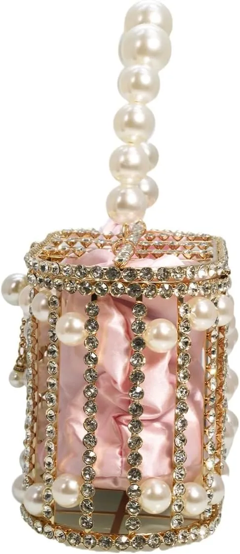 Women Rhinestone Cage Bag Sparkling Hollow Pearl Evening Clutch Glitter Double-layer Detachable Basket Handbag