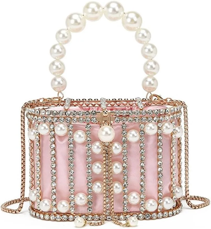 Women Rhinestone Cage Bag Sparkling Hollow Pearl Evening Clutch Glitter Double-layer Detachable Basket Handbag