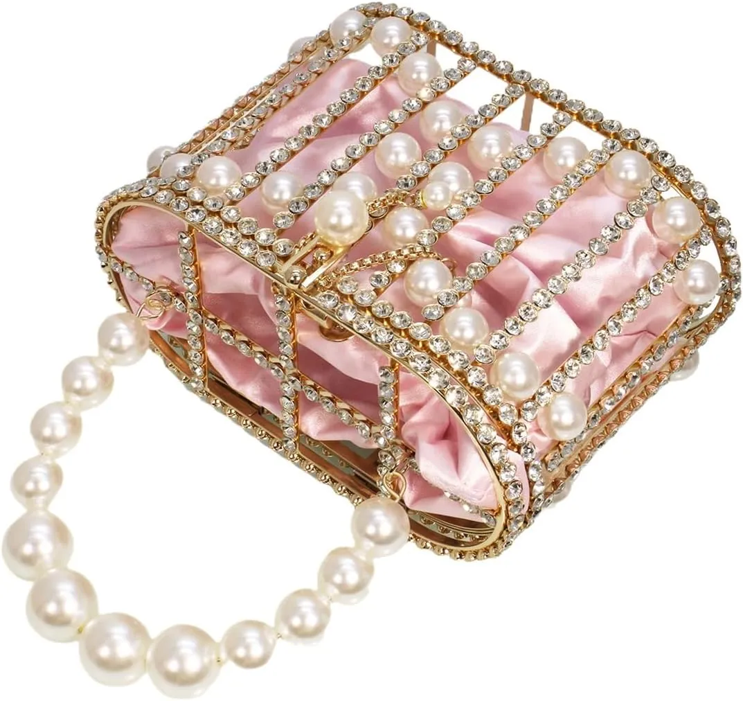 Women Rhinestone Cage Bag Sparkling Hollow Pearl Evening Clutch Glitter Double-layer Detachable Basket Handbag