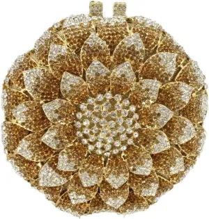 Women Rhinestone Flower Handbag Sunflower Pattern Circular Clutch Purse Cute Shiny Floral Shoulder Party Bag