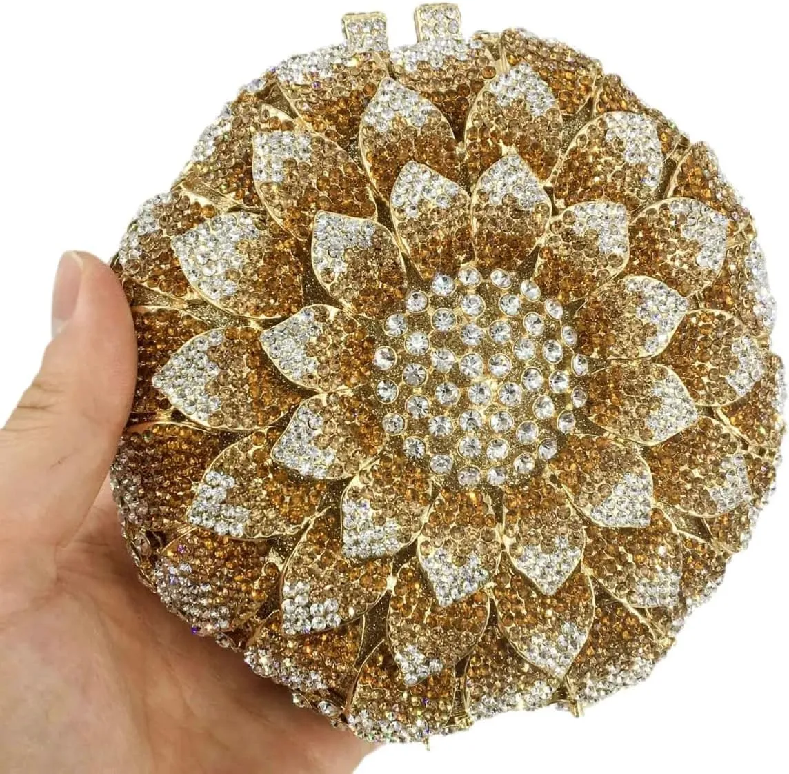 Women Rhinestone Flower Handbag Sunflower Pattern Circular Clutch Purse Cute Shiny Floral Shoulder Party Bag