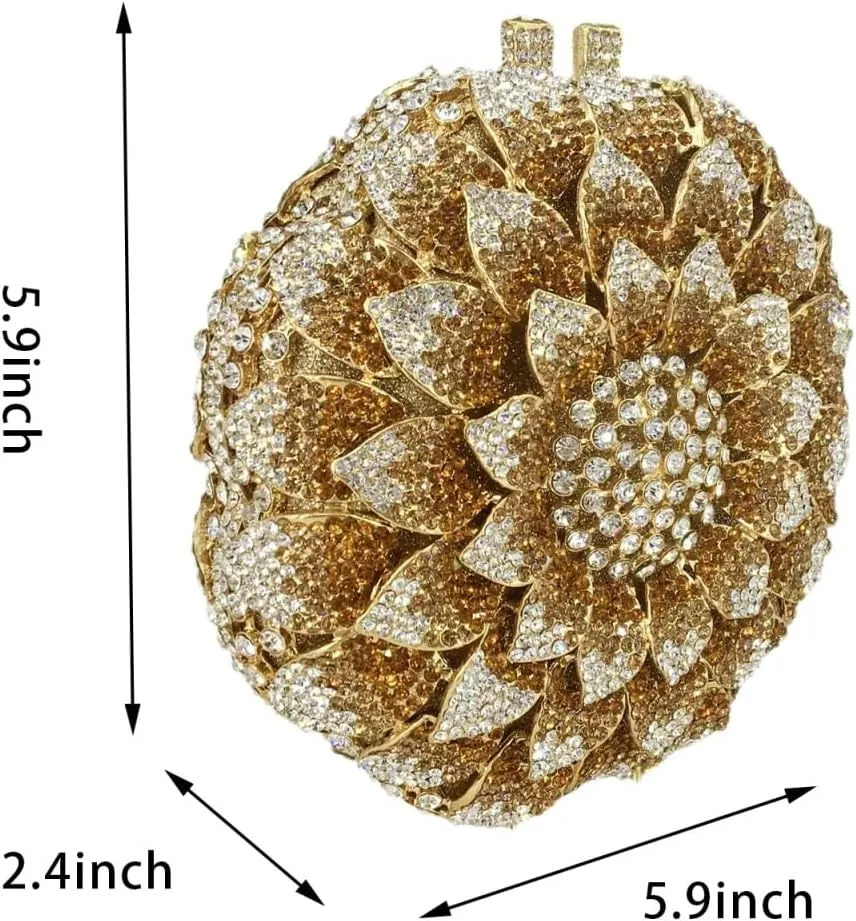 Women Rhinestone Flower Handbag Sunflower Pattern Circular Clutch Purse Cute Shiny Floral Shoulder Party Bag