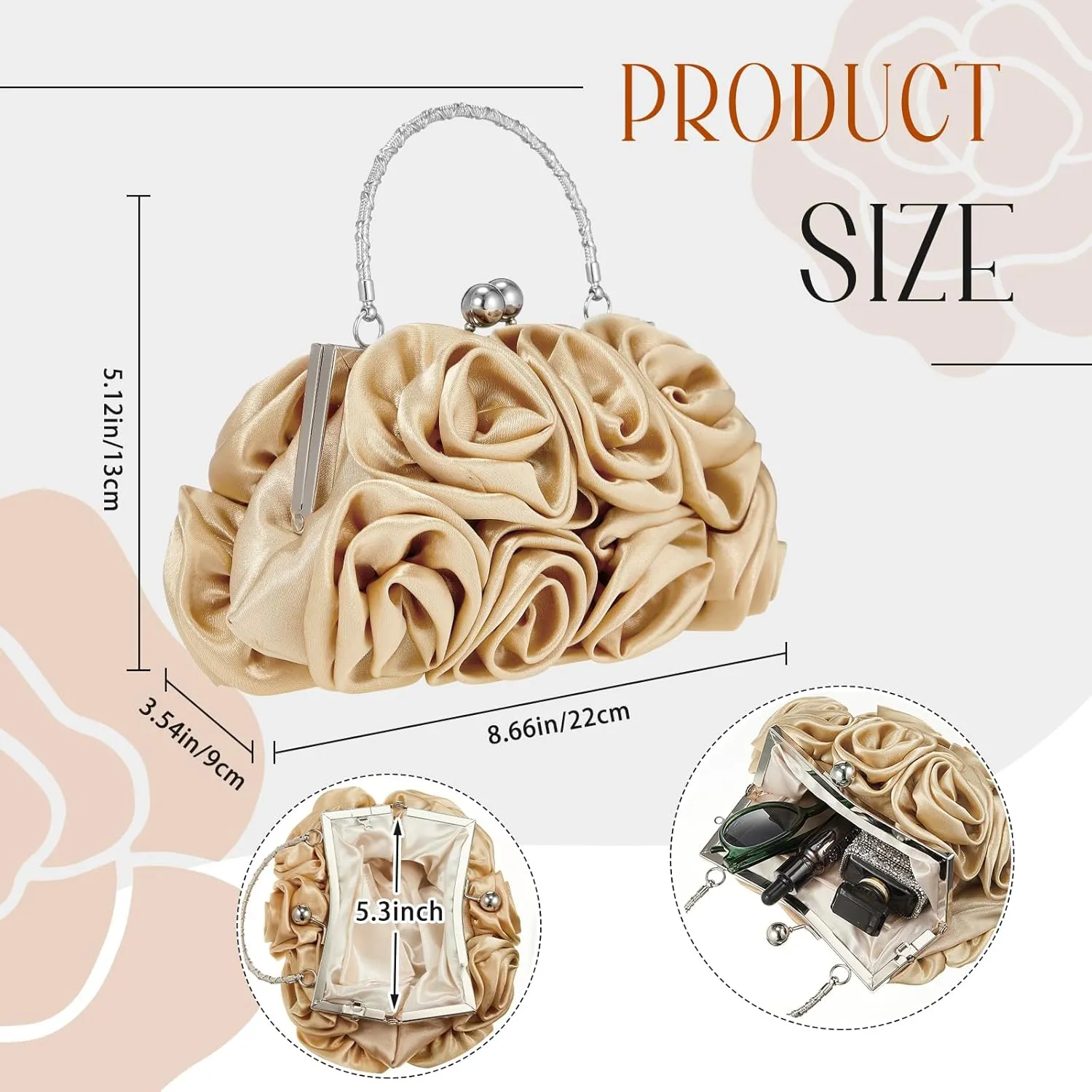 Women Roses Clutch Purse Small Floral Evening Handbag with Detachable Strap Wedding Gift for Girl Mom