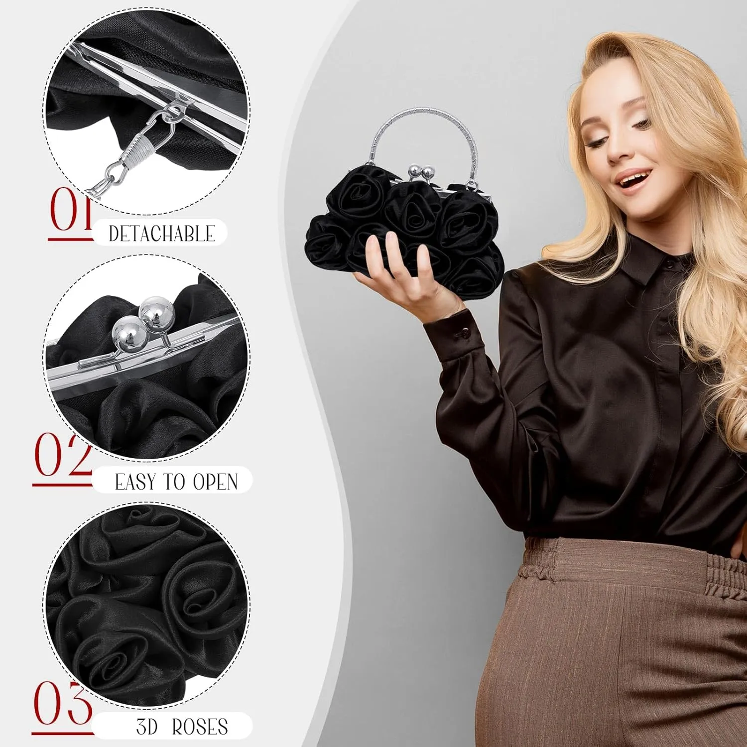 Women Roses Clutch Purse Small Floral Evening Handbag with Detachable Strap Wedding Gift for Girl Mom