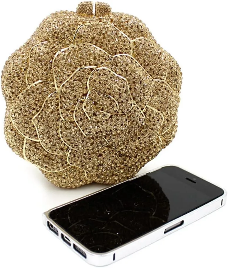 Women Round Rose Flower Crystal Evening Clutch Elegant Rhinestone Bride Purse Party Prom Wedding Handbag