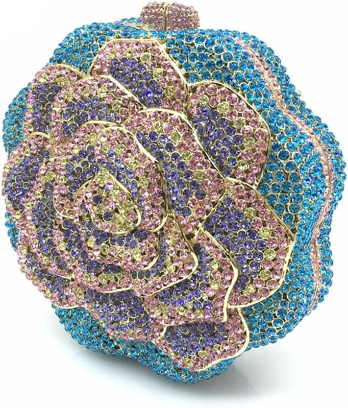 Women Round Rose Flower Crystal Evening Clutch Elegant Rhinestone Bride Purse Party Prom Wedding Handbag